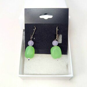 Frosted Glass Green Purple Silver Drop Earrings